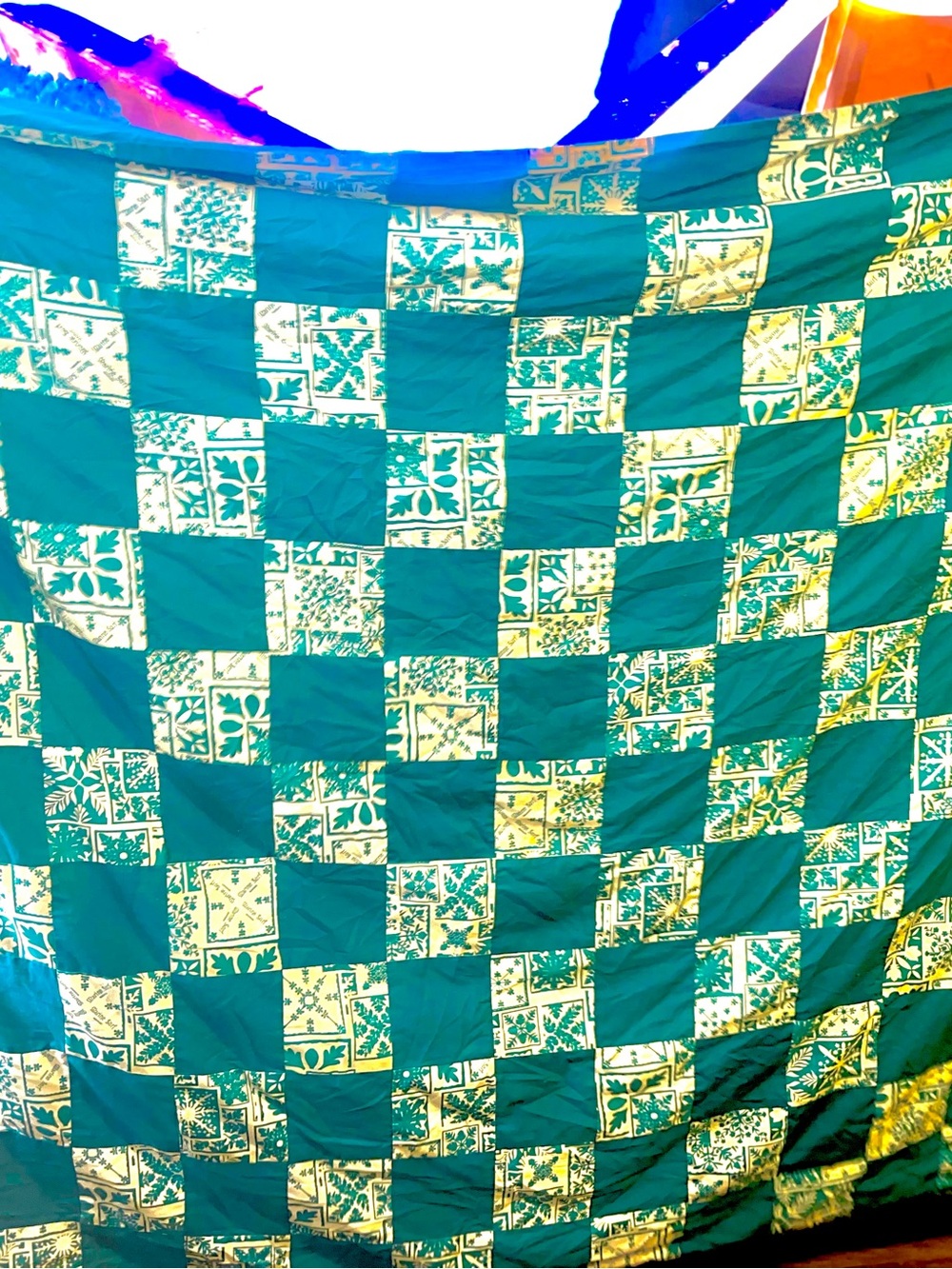 Teal and Cream Patchwork Cotton Quilt Waikiki Hawaii blanket
